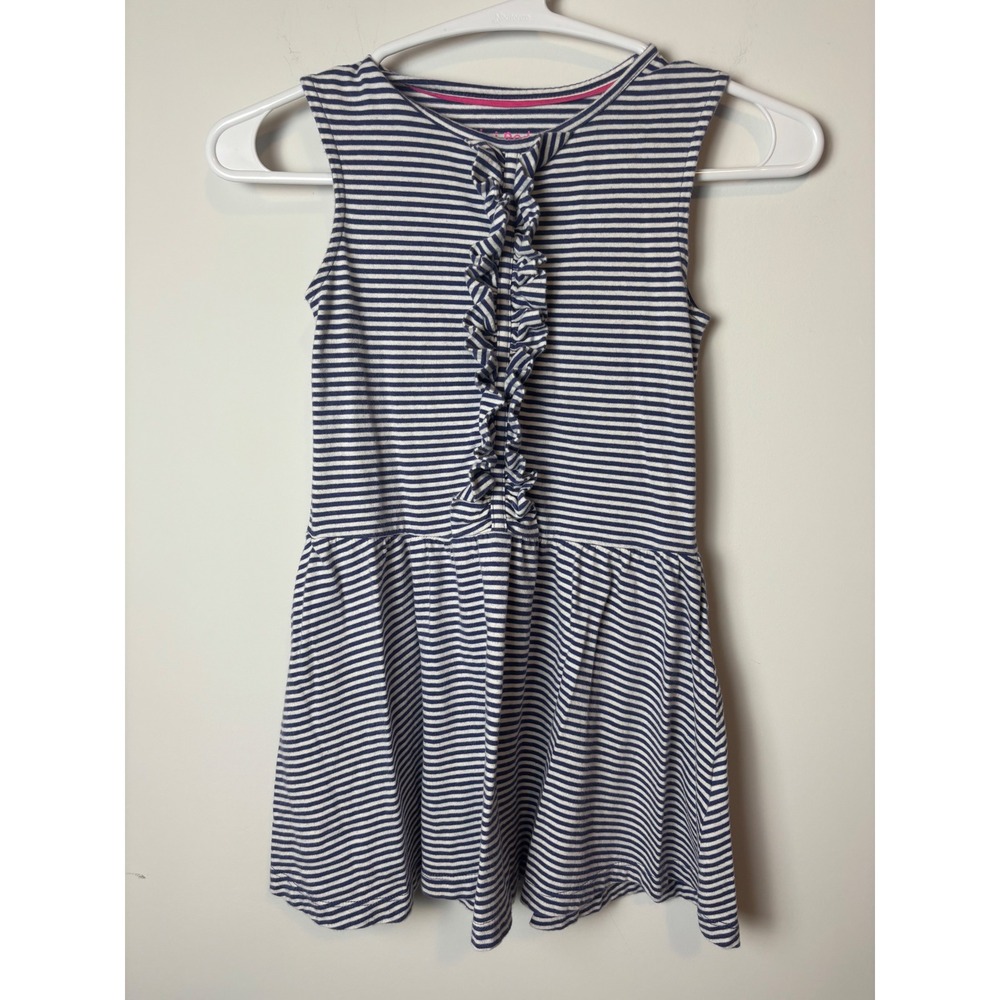 Mini Boden Girls Navy Blue White Striped Ruffle Sleeveless Jersey Dress 5-6Y